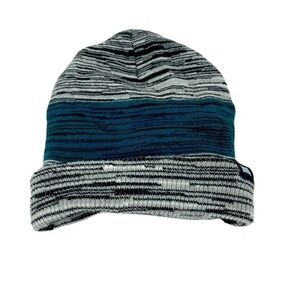 Space Dye Knit Cuffed Beanie Hat Grey Teal Blue Striped One Size RN 140683